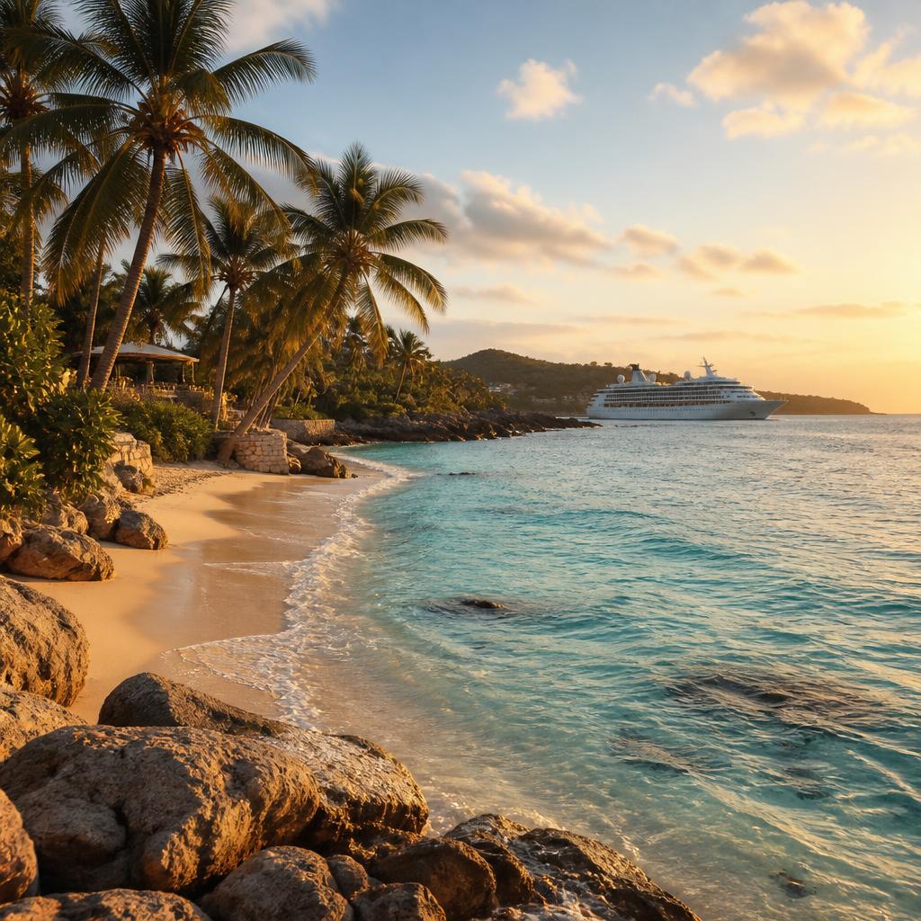 Western Caribbean coastline with turquoise water, palm trees, and a cruise ship at golden hour