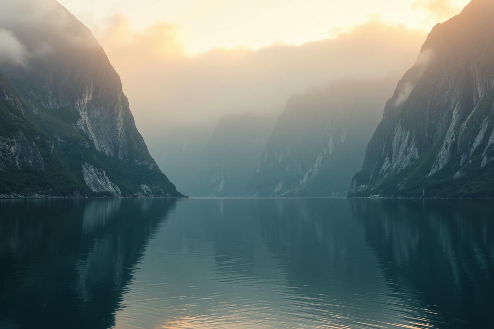Calm Norwegian fjord at golden hour