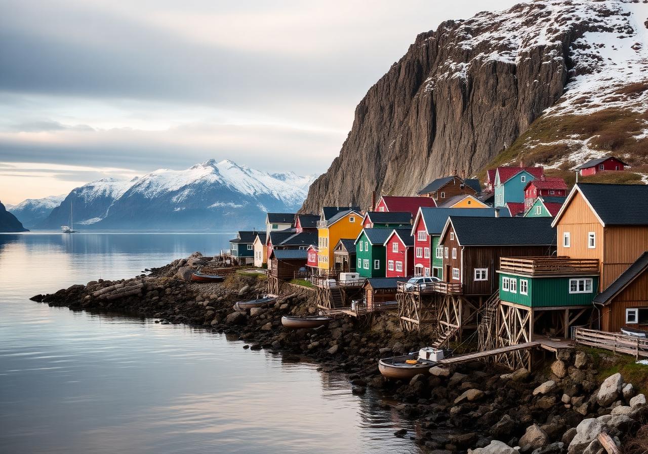 Norwegian coastal town beside a calm fjord with snow-capped mountains
